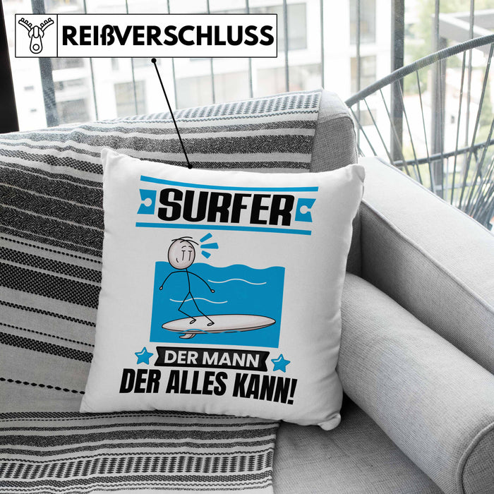 Surfer Kissen mit Füllung 40x40 Geschenk für Surfer Der Mann Der Alles Kann Geschenkidee zum Geburtstag (Grau) Grau Trendation