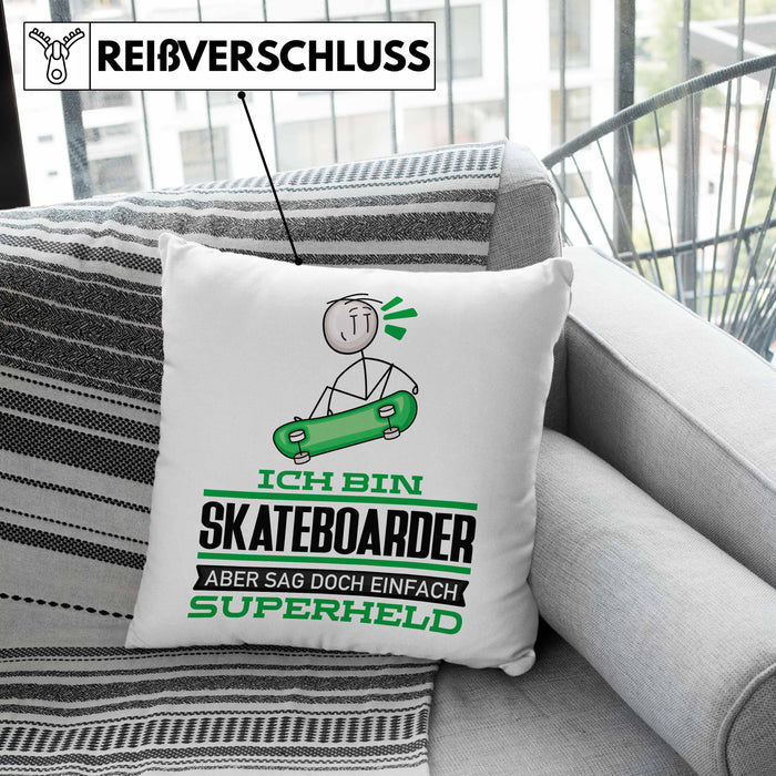 Skateboarder Geschenk Kissen mit Füllung 40x40 Ich Bin Skateboarder Aber Sag Doch Einfach Superheld Lustige Geschenkdiee für Skateboarder (Grau) Rosa Trendation