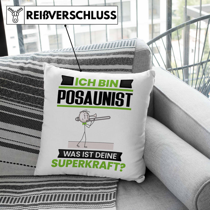 Posaunist Kissen mit Füllung 40x40 Geschenk für Posaunist Geburtstag Lustiger Spruch Was Ist Deine Superkraft (Grau) Rosa Trendation