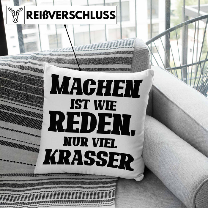 Lustige "Machen Ist Wie Reden Nur Viel Krasser" Kissen mit Füllung 40x40 Geschenk für Macher mit Spruch (Grau) Blau Trendation