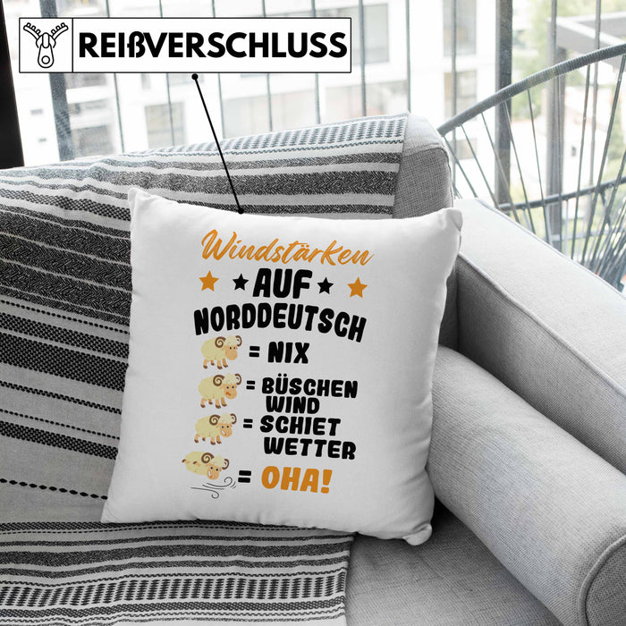 Windstärken Auf Norddeutsch Kissen mit Füllung 40x40 Geschenk Norddeutschland Spruch Büschen Wind Schiet Wetter (Grau) Rosa Trendation