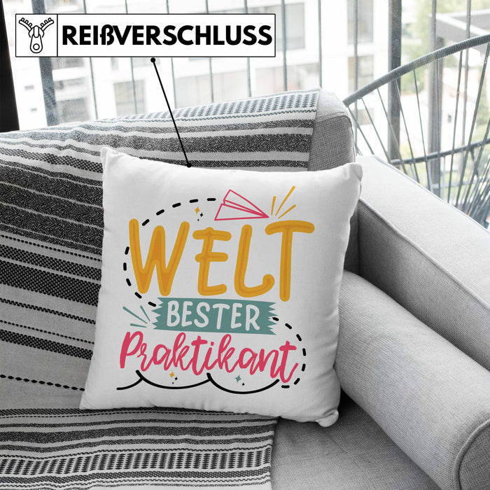 Praktikant Kissen mit Füllung 40x40 Geschenk Für Praktikanten Geschenkidee Welt Bester Praktikant (Grau) Blau Trendation