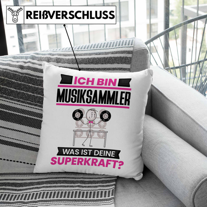 Musiksammler Kissen mit Füllung 40x40 Geschenk für Musiksammler Geburtstag Lustiger Spruch Was Ist Deine Superkraft (Grau) Rosa Trendation