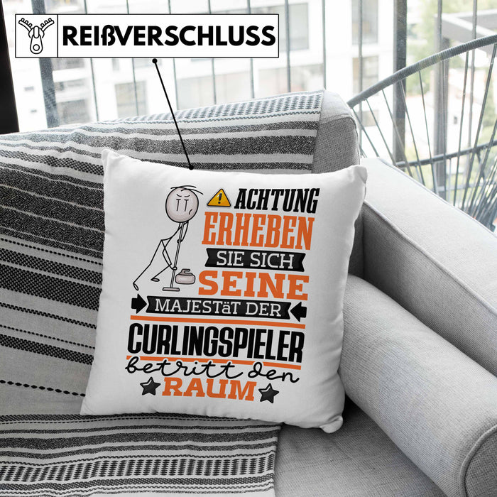 Curlingspieler Geschenk Kissen mit Füllung 40x40 Lustiger Spruch Erheben Sie Sich Der Curlingspieler Betritt den Raum (Grau) Rosa Trendation