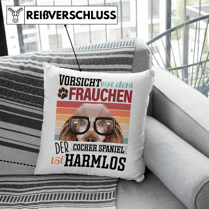 Cocker Spaniel Besitzerin Frauchen Kissen mit Füllung 40x40 Geschenk Lustiger Spruch Geschenkidee Vorsicht Vor Dem Frauchen (Grau) Blau Trendation