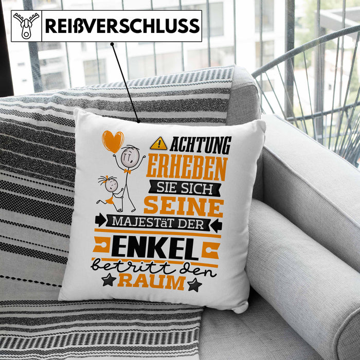 Enkel Geschenk Kissen mit Füllung 40x40 Lustiger Spruch Erheben Sie Sich Der Enkel Betritt den Raum (Grau) Grau Trendation