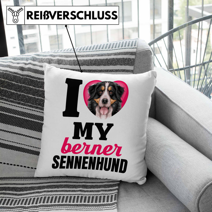 Berner Sennen Besitzerin Kissen mit Füllung 40x40 Geschenk Lustiger Spruch Geschenkidee I Love My Berner Sennen (Grau) Grün Trendation