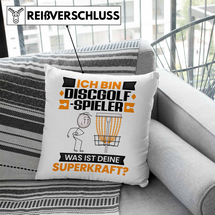 Discgolf-Spieler Kissen mit Füllung 40x40 Geschenk für Discgolf-Spieler Geburtstag Lustiger Spruch Was Ist Deine Superkraft (Grau) Blau Trendation