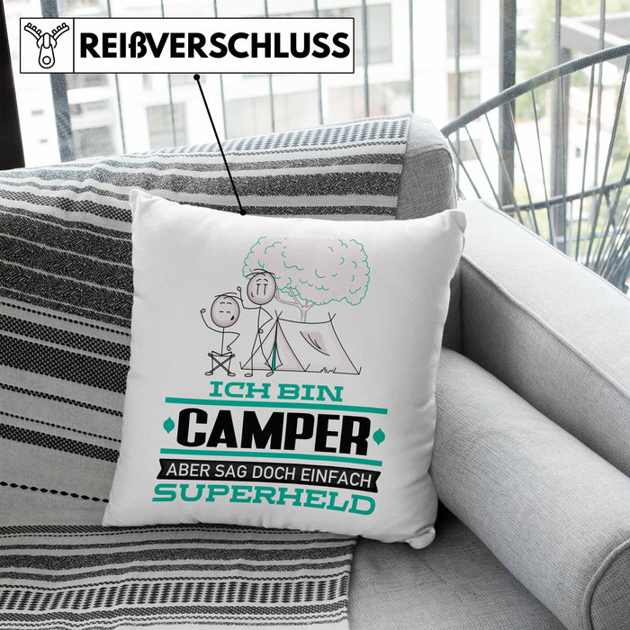 Camper Geschenk Kissen mit Füllung 40x40 Ich Bin Camper Aber Sag Doch Einfach Superheld Lustige Geschenkdiee für Camper (Grau) Blau Trendation