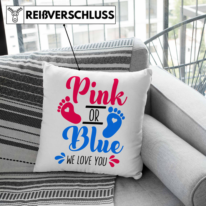 Kissen mit Füllung 40x40 Gender Reveal Geschenk Pink Or Blue We Love You Baby Überraschung (Grau) Grün Trendation