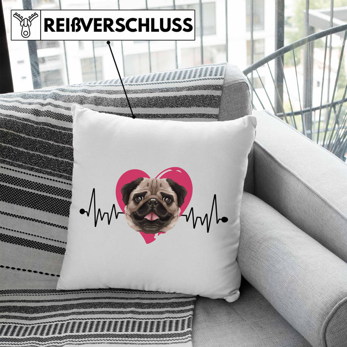 Mops Besitzer Kissen mit Füllung 40x40 Geschenk Lustiger Spruch Geschenkidee Herzschlag Mops (Grau) Blau Trendation