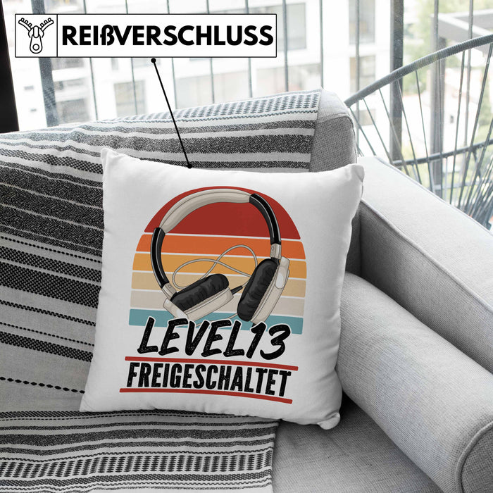 13. Geburtstag Kissen mit Füllung 40x40 Jungs Gaming Official Teenager 13er Geburtstag Geschenkidee Level 13 Freigeschaltet (Grau) Grün Trendation