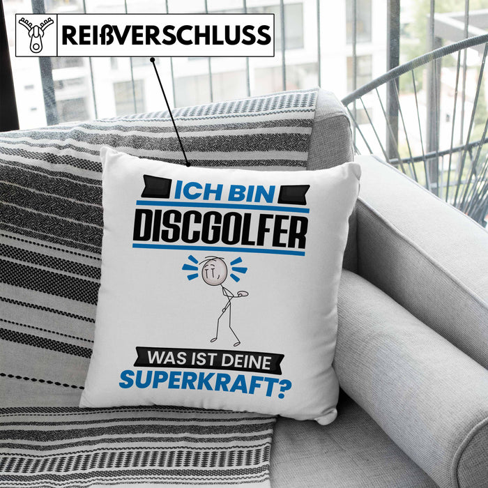 Discgolfer Kissen mit Füllung 40x40 Geschenk für Discgolfer Geburtstag Lustiger Spruch Was Ist Deine Superkraft (Grau) Blau Trendation