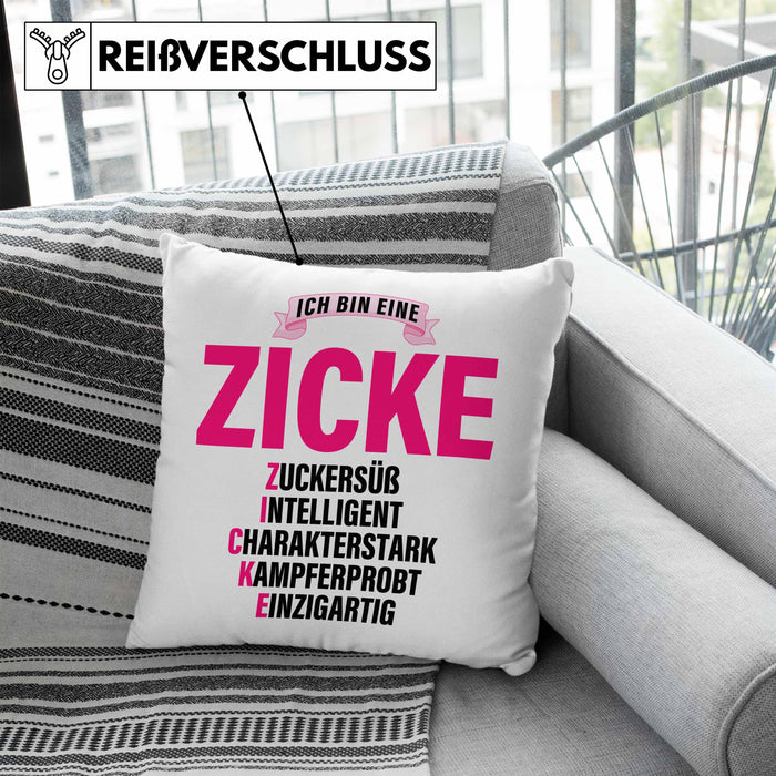 Zicke Kissen mit Füllung 40x40 Geschenk für Frauen Frau Lustig Pink (Grau) Blau Trendation