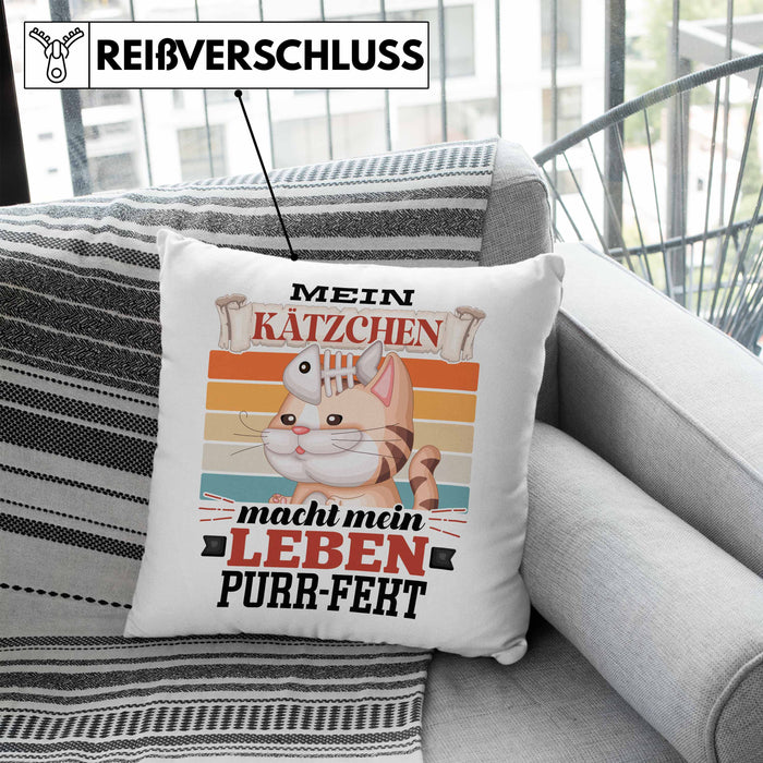 Katze Kissen mit Füllung 40x40 Geschenk Spruch Geschenkidee für Katzen-Mama Papa Katzenliebhaber Mein Kätzen Macht Mein Leben Purr-pekt (Grau) Blau Trendation
