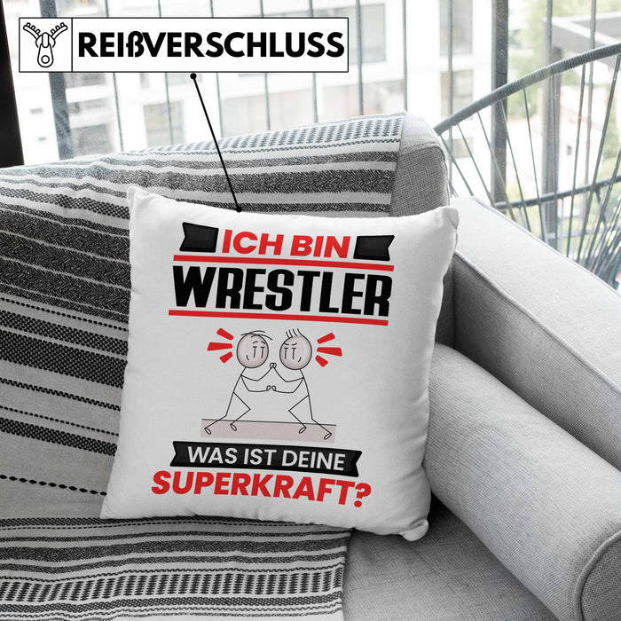 Wrestler Kissen mit Füllung 40x40 Geschenk für Wrestler Geburtstag Lustiger Spruch Was Ist Deine Superkraft (Grau) Rosa Trendation