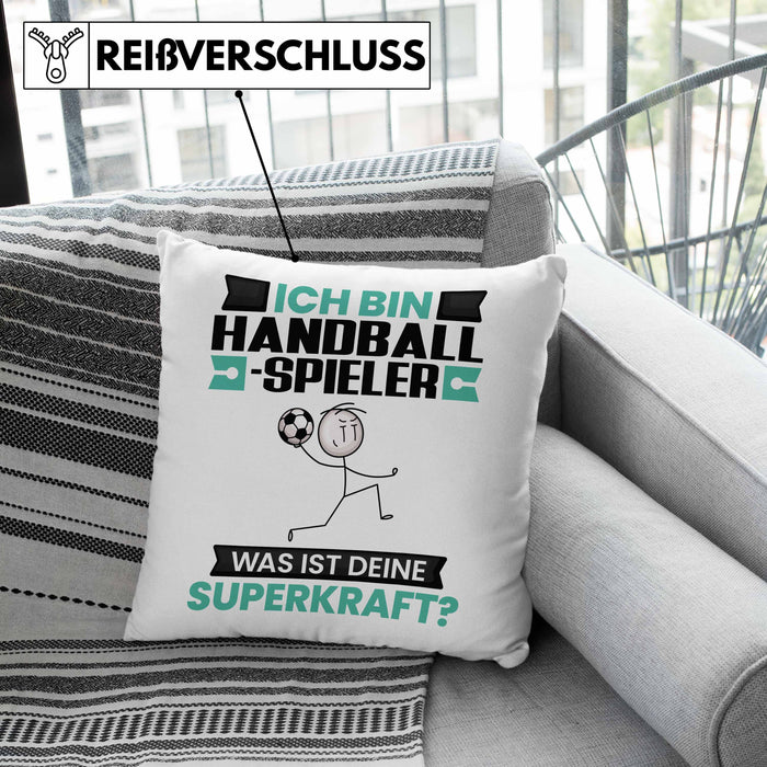 Handballspieler Kissen mit Füllung 40x40 Geschenk für Handballspieler Geburtstag Lustiger Spruch Was Ist Deine Superkraft (Grau) Grau Trendation