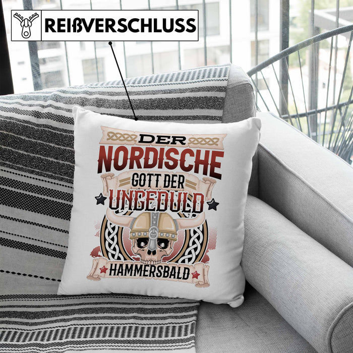 Der Nordische Gott Der Ungeduld Hammersbald Kissen mit Füllung 40x40 Geschenk Niedersachen Norddeutsch Gag Joke Spaß (Grau) Blau Trendation