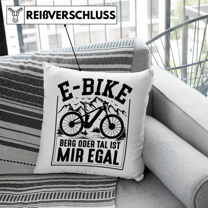 E-Bike Fahrer Geschenk Kissen mit Füllung 40x40 Elektro-Fahrrad Berg Oder Tal Ist Mir Egal Geschenkidee (Grau) Blau Trendation