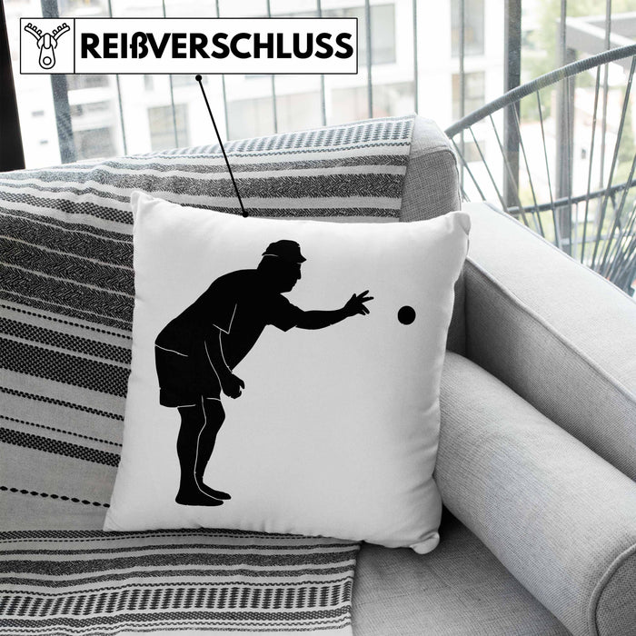 Boule Kissen mit Füllung 40x40 Geschenk Boule-Spieler Geschenkidee Spruch Grafik Werfender Boule Spieler (Grau) Blau Trendation