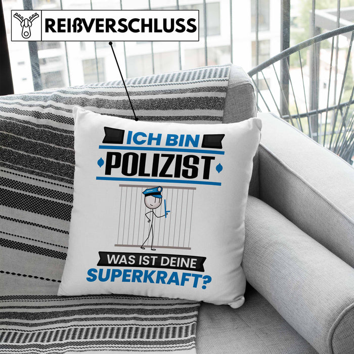 Polizist Kissen mit Füllung 40x40 Geschenk für Polizist Geburtstag Lustiger Spruch Was Ist Deine Superkraft (Grau) Blau Trendation