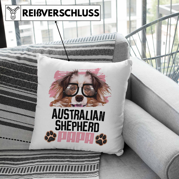 Australian Shepherd Papa Besitzer Kissen mit Füllung 40x40 Geschenk Lustiger Spruch Geschenkidee Australian Shepherd Liebhaber (Grau) Rosa Trendation