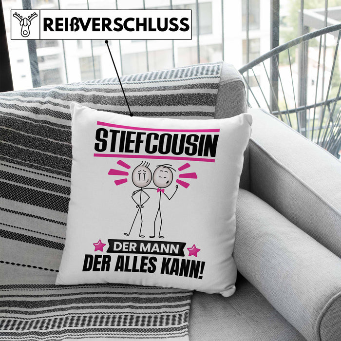 Stiefcousin Kissen mit Füllung 40x40 Geschenk für Stiefcousin Der Mann Der Alles Kann Geschenkidee zum Geburtstag (Grau) Blau Trendation
