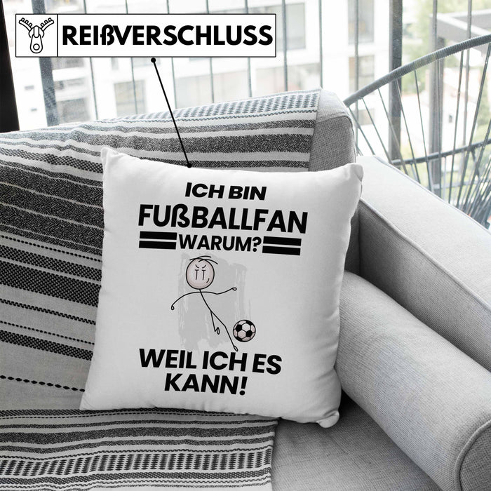 Fußballfan Geschenk Kissen mit Füllung 40x40 Lustiger Spruch Ich Bin Fußballfan Warum Weil Ich Es Kann Geschenkidee Bester Fußballfan Geburtstag (Grau) Blau Trendation