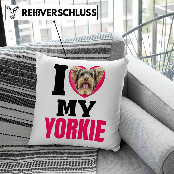 Yorkie Besitzerin Kissen mit Füllung 40x40 Geschenk Lustiger Spruch Geschenkidee I Love My Yorkie (Grau) Grün Trendation