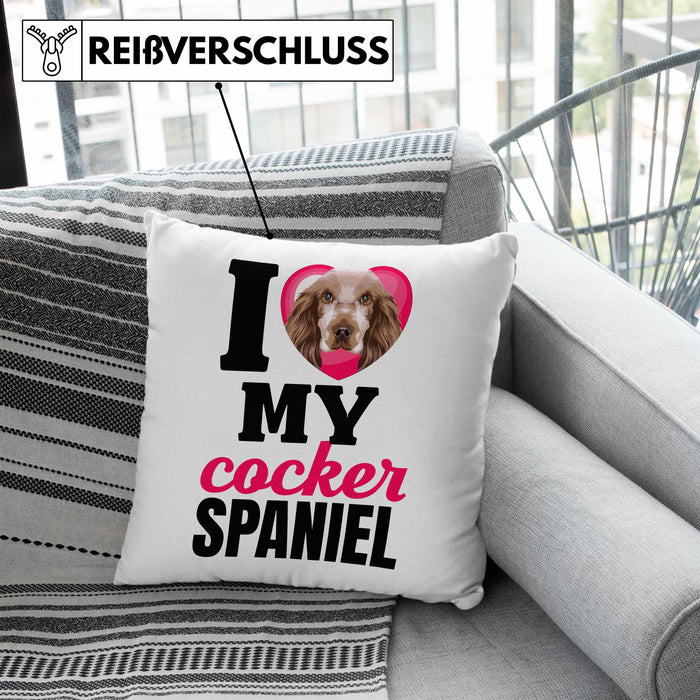 Cocker Spaniel Besitzerin Kissen mit Füllung 40x40 Geschenk Lustiger Spruch Geschenkidee I Love My Cocker Spaniel (Grau) Blau Trendation