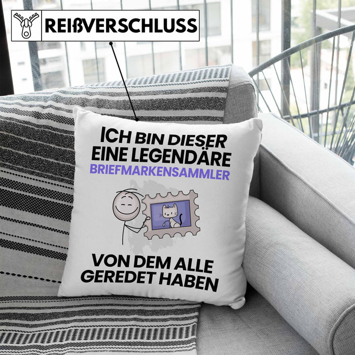 Briefmarkensammler Geschenk Kissen mit Füllung 40x40 Lustige Geschenkidee Geburtstag für Briefmarkensammler Ich Bin Dieser Legendäre Briefmarkensammler Von Dem Alle Geredet Haben (Grau) Blau Trendation