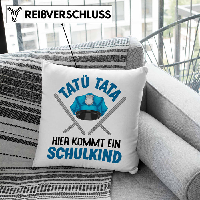Einschulung Junge Tatü Tata Schulkind Geschenk für Schultüte Füllung Kissen mit Füllung 40x40 Schulstart 1. Schultag Schuleinführung Schulanfang Geschenkidee 2024 (Grau) Rosa Trendation