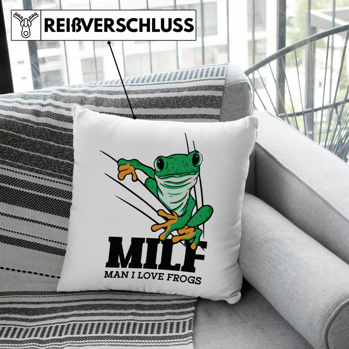 Lustige Frosch Kissen mit Füllung 40x40 Geschenk für Froschliebhaber Lustig MILF Man I Love Frogs (Grau) Blau Trendation