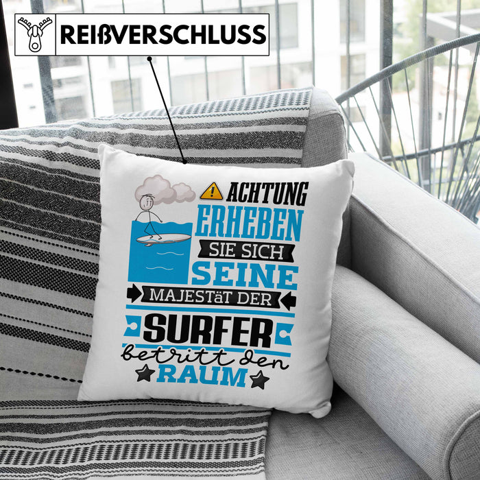 Surfer Geschenk Kissen mit Füllung 40x40 Lustiger Spruch Erheben Sie Sich Der Surfer Betritt den Raum (Grau) Grün Trendation