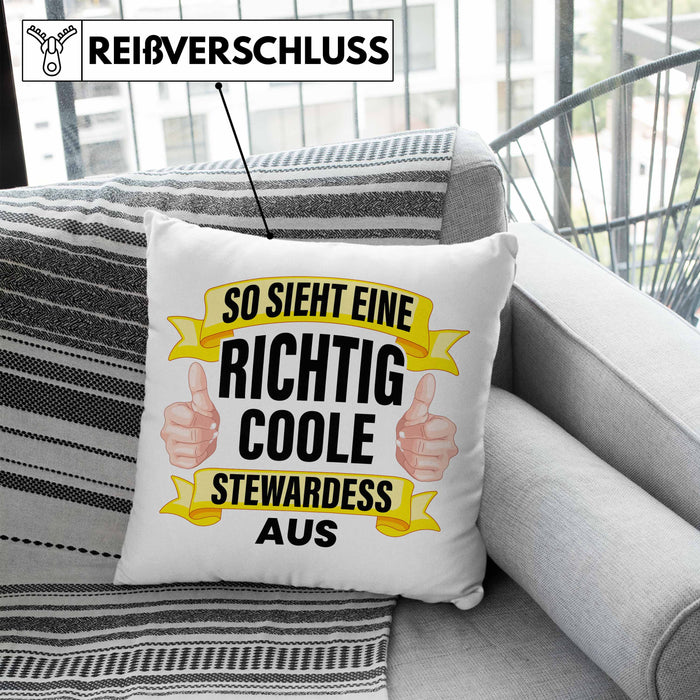 Stewardess Kissen mit Füllung 40x40 Geschenk für Stewardessin Lustiger Spruch Lustig Flugbegleiterin Sprüche (Grau) Blau Trendation