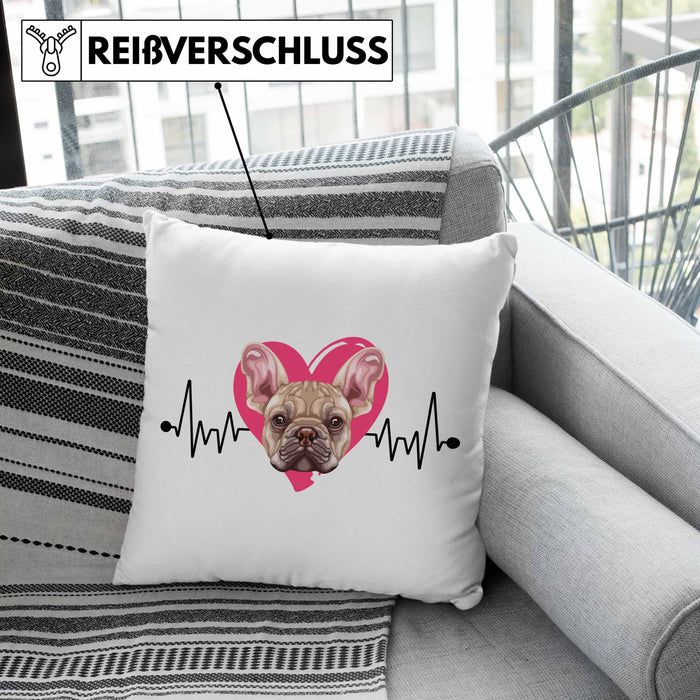 Französische Bulldogge Besitzer Kissen mit Füllung 40x40 Geschenk Lustiger Spruch Geschenkidee Herzschlag Französische Bulldogge (Grau) Grau Trendation