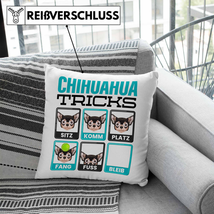 Chihuahua Besitzer Kissen mit Füllung 40x40 Geschenk Lustiger Spruch Geschenkidee Chihuahua Tricks Bleib (Grau) Blau Trendation