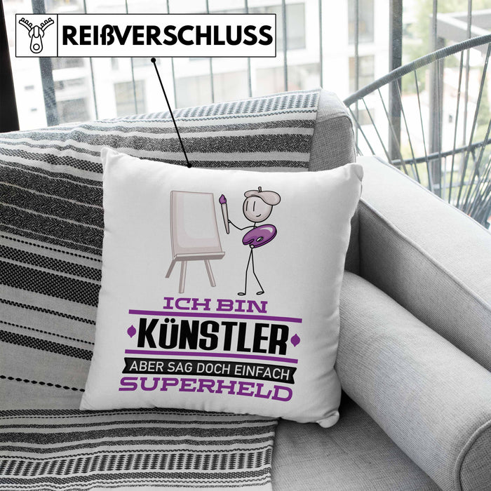 Künstler Geschenk Kissen mit Füllung 40x40 Ich Bin Künstler Aber Sag Doch Einfach Superheld Lustige Geschenkdiee für Künstler (Grau) Blau Trendation
