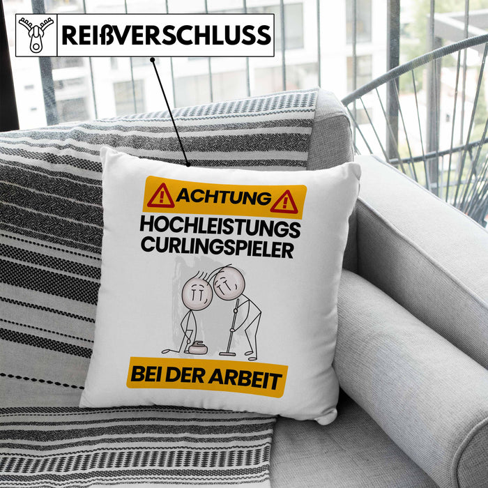 Curlingspieler Kissen mit Füllung 40x40 Geschenk Lustiger Spruch Geschenkidee für Curlingspieler Achtung Hochleistungs Curlingspieler Bei Der Arbeit (Grau) Blau Trendation