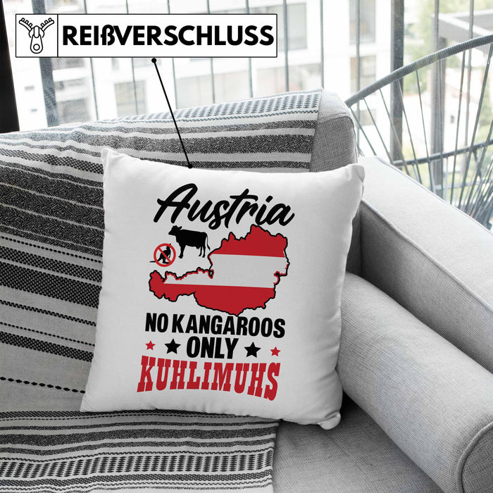 Keine Kängurus in Österreich Kissen mit Füllung 40x40 Geschenk Häferl Kuhlimuhs (Grau) Blau Trendation