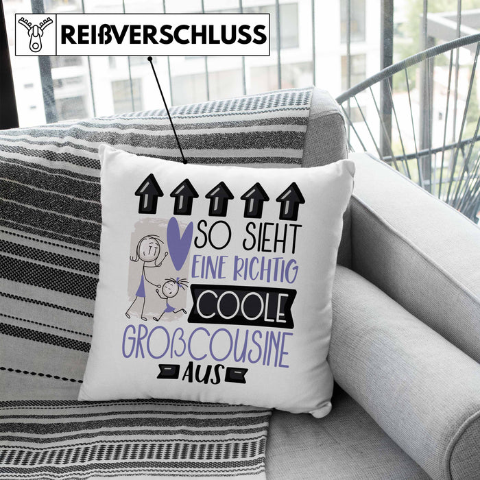 Großcousine Geschenk Kissen mit Füllung 40x40 Geschenkidee für Großcousine Geburtstag Weihnachten Spruch So Sieht Eine Richtig Coole Großcousine Aus (Grau) Blau Trendation