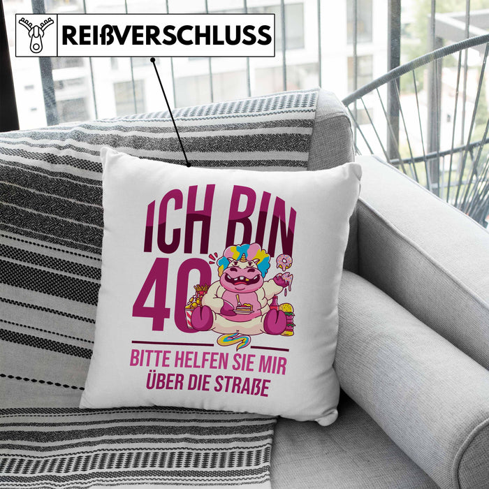 Lustige Kissen mit Füllung 40x40 zum 40. Geburtstag - Geschenkidee für Frauen Einhorn 40er Geburtstag (Grau) Blau Trendation