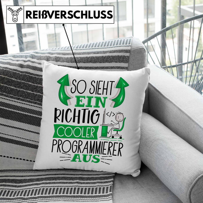 Programmierer Kissen mit Füllung 40x40 Geschenk So Sieht Ein RIchtig Cooler Programmierer Aus Geschenkidee Lustiger Spruch Geburtstag (Grau) Blau Trendation