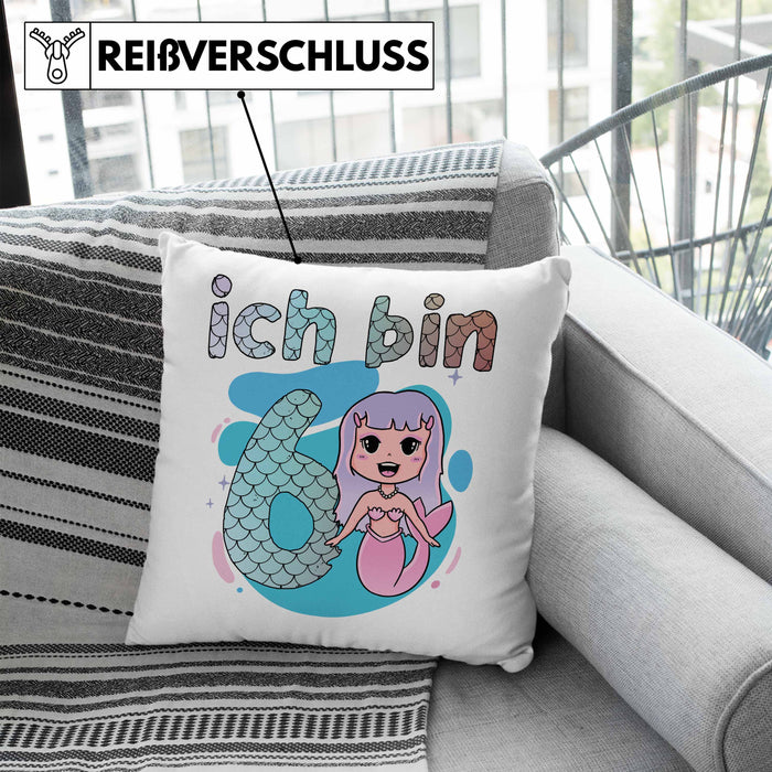 6. Geburtstag Mädchen Geschenk Meerjungfrau Geschenk Kissen mit Füllung 40x40 für Mädchen Nymphe Nixe Grafik (Grau) Blau Trendation