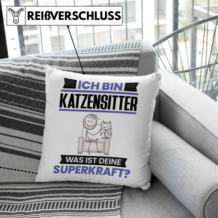Katzensitter Kissen mit Füllung 40x40 Geschenk für Katzensitter Geburtstag Lustiger Spruch Was Ist Deine Superkraft (Grau) Rosa Trendation
