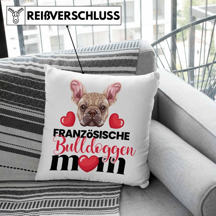 Französische Bulldogge Besitzer Mom Mama Kissen mit Füllung 40x40 Geschenk Lustiger Spruch Geschenkidee Französische Bulldogge Besitzerin (Grau) Grau Trendation