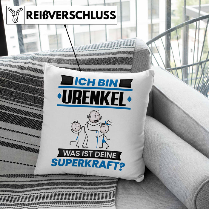 Urenkel Kissen mit Füllung 40x40 Geschenk für Urenkel Geburtstag Lustiger Spruch Was Ist Deine Superkraft (Grau) Grau Trendation