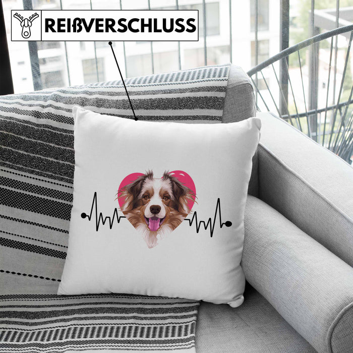 Australian Shepherd Besitzer Kissen mit Füllung 40x40 Geschenk Lustiger Spruch Geschenkidee Herzschlag Australian Shepherd (Grau) Blau Trendation