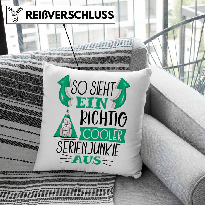 So Sieht Ein Richtig Cooler Serienjunkie Aus Geschenk Kissen mit Füllung 40x40 Lustiger Spruch Geschenkidee (Grau) Blau Trendation