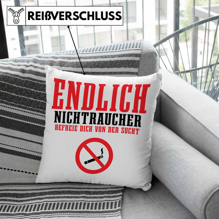 Endlich Nichttraucher Kissen mit Füllung 40x40 Geschenk Aufhören Zu Rauchen Befreie Dich Von Der Sucht (Grau) Blau Trendation